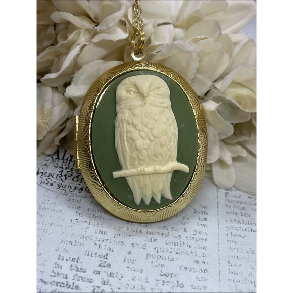 Ylw Gold Photo Locket Necklace Birthday Gift Green Owl Barn Tree Hoot Fall Mom - Picture 1 of 10